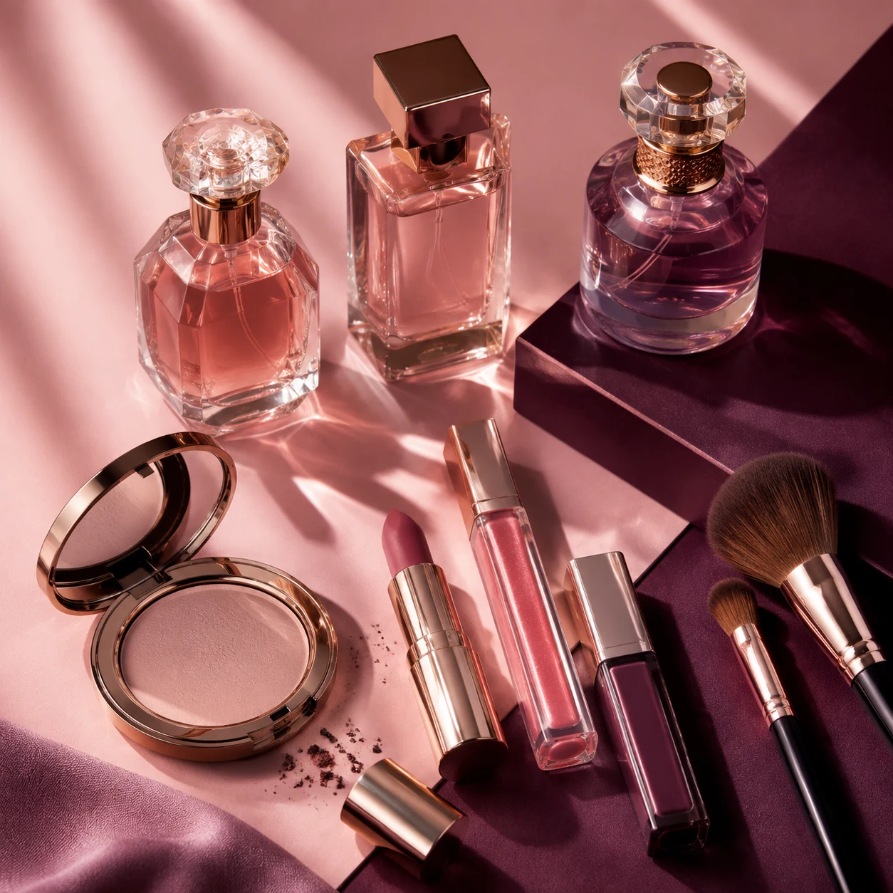 Colognes and cosmetics on pink and violet surfaces