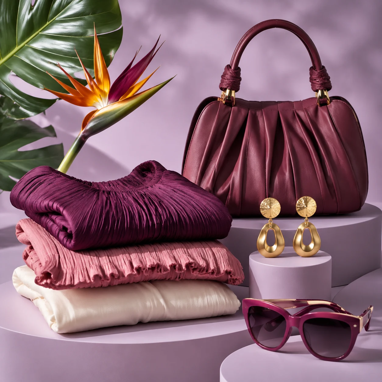 Plum clothing and gold-tone accessories