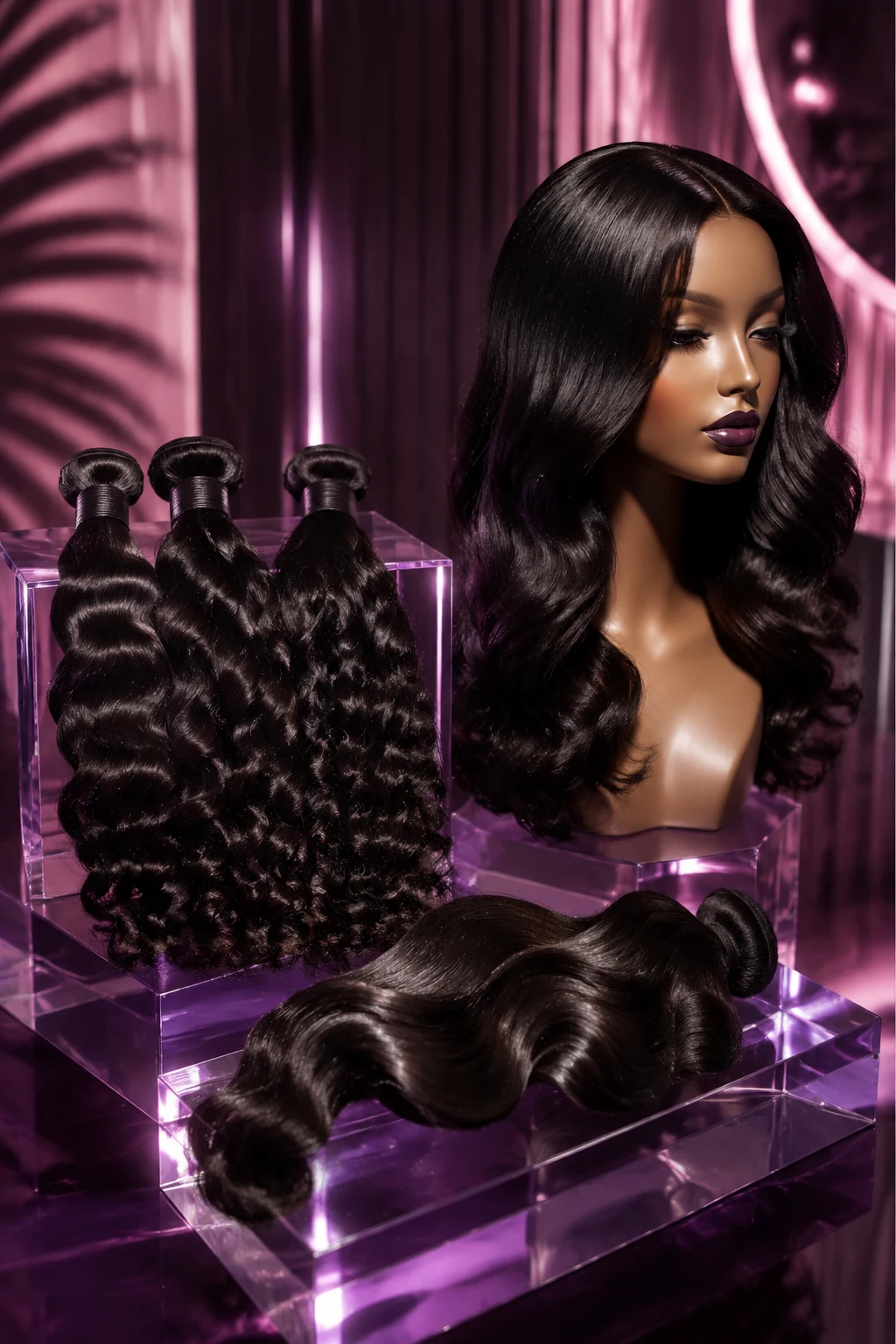 Extensions and wigs in a luxury plum display
