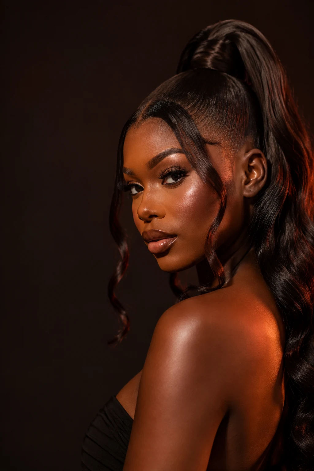 Editorial portrait featuring a sculpted high ponytail